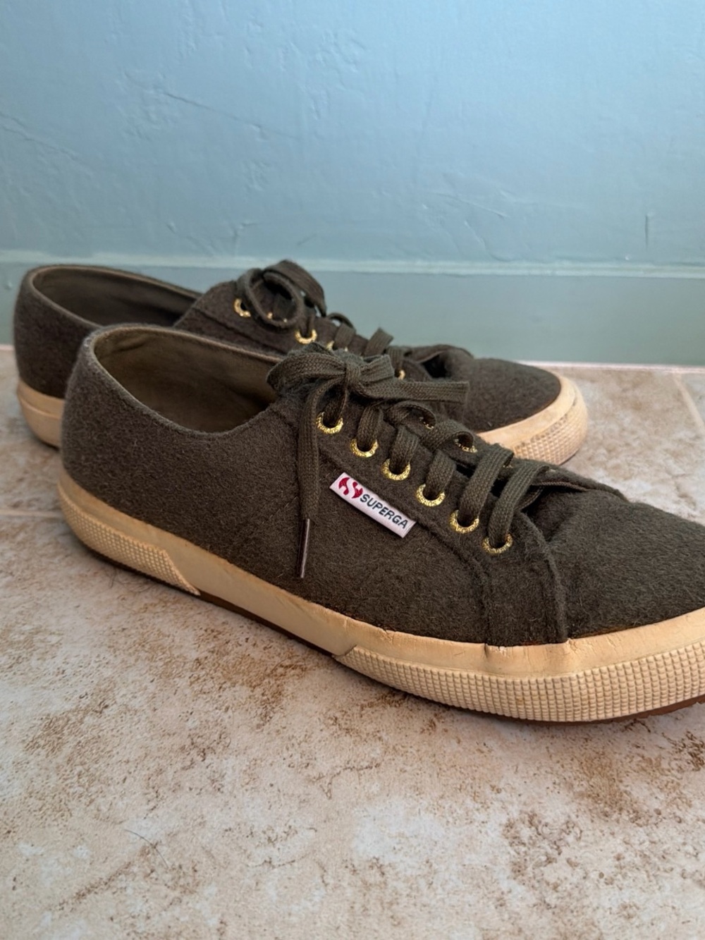 Superga Low-Top Wool Sneakers in Olive/Tan